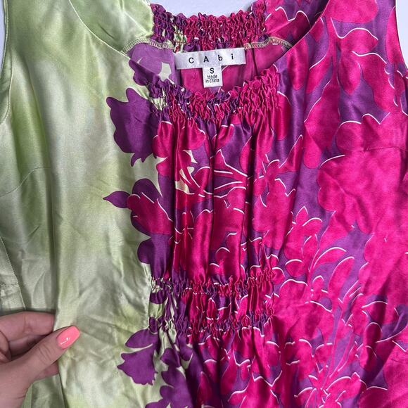Cabi Women's Cosmo Floral Print 100% Silk Pink Green Sleeveless Tunic Blouse S - Picture 6 of 8